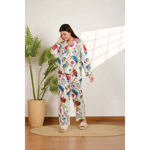 Floral Woven Fabric <b>Pajama</b> Set for Women Customizable Logo Buttoned & Elastic Waist Closure Summer Homewear <b>Suit</b> for Bridesmaids - Product Image 5
