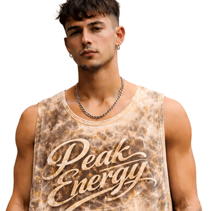 Débardeur sans manches pour homme en tie-dye marron avec typographie Peak Energy, streetwear moderne, maquette de fitness - Product Image 3