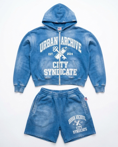 Custom Men s blue Acid Wash zip up Hoodie Shorts Tracksuit <b>Set</b> Graphic Streetwear Heavyweight OEM Private Label B2B Manufacture - Product Image 1