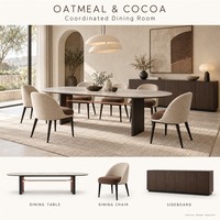 Ensemble de meubles modernes pour toute la maison en bois d'avoine et cacao : canapé courbé, table à manger, chaises et lit rembourré
