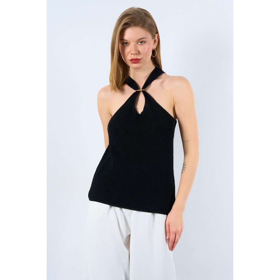 Women's Black Neck Accessory Detailed Textured Blouse