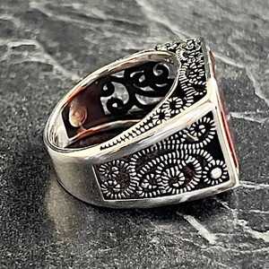 Anillo de Plata de Ley 925 Hecho a Mano con Estilo Floral para Hombre, Anillo Cuadrado de Plata con Gema de Ágata Roja, Corte Único, Joyería Fina para Hombre - Product Image 5