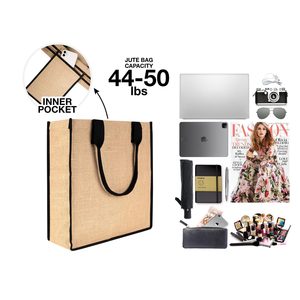 Eco-Friendly Reusable Blank Jute Tote <b>Bag</b> 14 X 16 X 4 Inches <b>Medium</b> Shopping Trolley Black Handles Washable Letter Patterned - Product Image 4