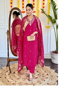 <b>Indian</b> Boutique Viscose Chanderi Digital Printed Women's Embroidered Kurti Pant With Nylon Jacquard <b>Fabric</b> Dupatta For Lady Wear - Product Image 4