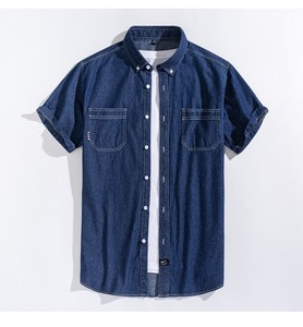 เสื้อเชิ้ตยีนส์ผู้ชายทรงสลิมฟิต สำหรับฤดูร้อน สไตล์ลำลอง คุณภาพสูง แขนสั้น มีกระเป๋า เป็นมิตรกับสิ่งแวดล้อม ระบายอากาศได้ดี ผลิตจากผ้าสแปนเด็กซ์/คอตตอน - Product Image 1