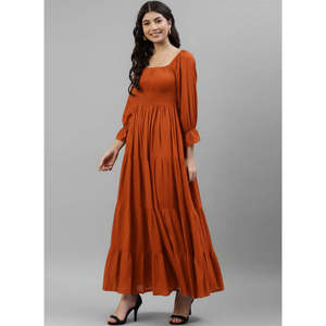 DEEBACO Women's Tan Solid Viscose Rayon Smocked Tiered <b>Dress</b> 3/4 Puff Sleeves Square Neck Fit & Flare Maxi Length Summer Western - Product Image 3