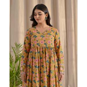 Yellow Jaal Printed Angrakha Long Dress with Flare Indian & Pakistani Clothing - Product Image 1