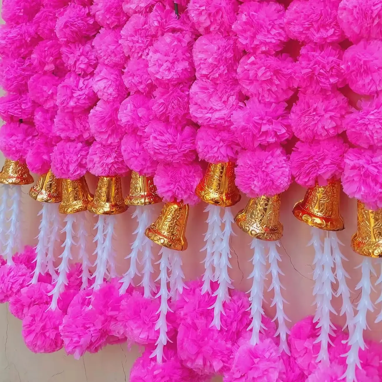 Artificial Marigold Garland Flowers Strings with Tassels and Bell Pink Color Plastic Flowers for Wedding Party Home Decor