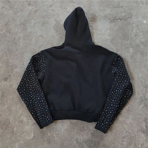 Custom Winter Casual Solid Rhinestone <b>Embroidery</b> Tracksuit Streetwear Pullover Vintage Distressed Flared Sweatpants Hoodie <b>Set</b> - Product Image 6