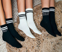 Chaussettes de demoiselle d'honneur personnalisées à rayures 2026, motif jacquard sportif, longueur mi-mollet, taille unique, en spandex, cadeau de demande en mariage