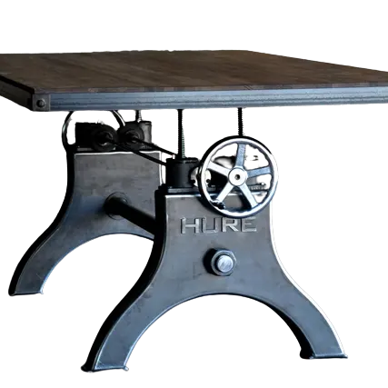 Industrial Iron Crank Round Height Adjustable Wood Top Crank Table Solid Cast Iron Base Mango Acacia Table Board Dining Table