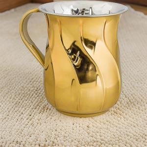 Comprar doble ASA decorativa de acero inoxidable Netilat Yadayim taza de lavado chapado en oro nuevo diseño ondulado Judaica taza de lavado de dos manijas - Product Image 3