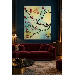 Fida Deux oiseaux noirs sur une branche fleurie, impression sur toile - Product Image 3