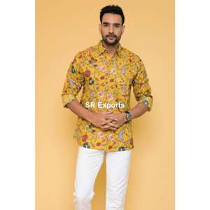 Camisa mostaza para hombre, bloque de algodón hecho a mano, estampado Kurta, ropa de verano, camisa informal estampada para hombre, camisas cómodas de diseñador para hombre - Product Image 1