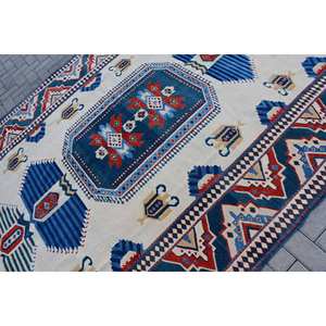 Alfombra turca Vintage clásica azul Beige 7,1X9,4 pies Patchwork patrón abstracto Material de lana látex para pasillo rectangular de vida - Product Image 5