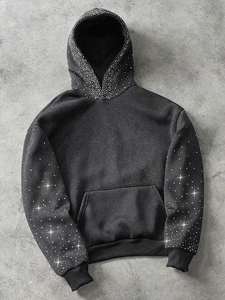 Sudadera con capucha de lana de algodón 100% negra para hombre, chaqueta con capucha de estilo callejero personalizable, logotipo bordado con diamantes de imitación de cielo estrellado en la parte delantera - Product Image 4