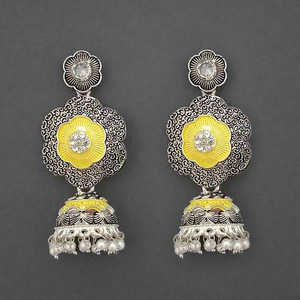 Boucles d'Oreilles Fine Kriaa Pierre Plaqué Argent et Jaune Meenakari Mat Dangler Modèle 1312051A - Product Image 1