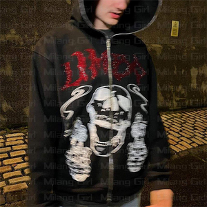 Sweat-shirt à capuche zippé intégral personnalisé pour homme, en molleton de coton oversize, avec impression en relief, anti-boulochage, respirant, orné de strass, grandes tailles - Product Image 6