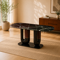 Table à manger ovale moderne et écologique en marbre avec base à double piétement et cadre noir brillant, 10 places