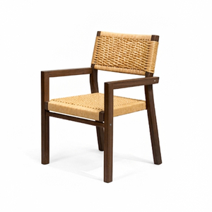 Chaise de salle à manger en teck massif, style scandinave moderne, écologique, avec accoudoirs et dossier tissé à la main Nusa - Product Image 1