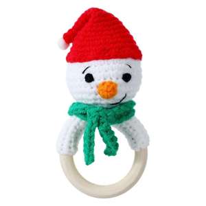 Jouet pour bébé fait main au crochet et tricoté, hochet sonore à anneau en bois, poupée apaisante de Noël, artisanat textile et en tissu - Product Image 5