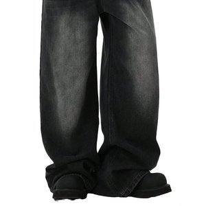 Jean en denim décontracté à jambes larges pour hommes-Design uni, coupe longue, non extensible, couleur noire - Product Image 2