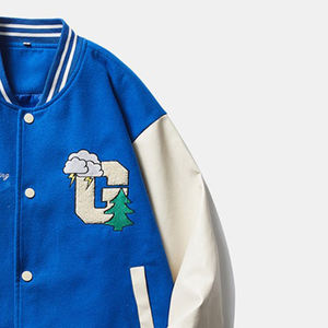 แจ็กเก็ตเบสบอลมีตัวอักษรแบบสั่งทำสำหรับผู้ชายผ้าแคนวาสแขนเสื้อหนังปักลายโลโก้ด้านหน้า - Product Image 4