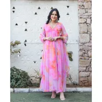Layla Pembe Tie Dye Saf Şifon 3 Parçalı Takım Elbise XXL Beden Dokuma Örgü Dantel Uzun Tam Tatlı İlkbahar/Yaz Çevre Dostu