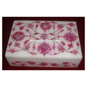 हस्तशिल्प संगमरमर अद्वितीय गुलाबी मदर ऑफ पर्ल इनले आयताकार बॉक्स बॉक्स पर सजावटी कीमती मॉप इनले कार्य के लिए सर्वोत्तम उपयोग
