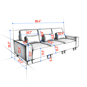 Modern Comfortable 3-Seater Chenille Deep Seat Sofa Brushed Stainless Steel Cup <b>Holders</b> 3 Decorative Pillows for Basement Use - Product Image 1
