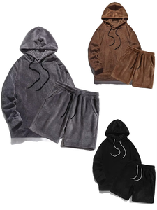 Automne hiver grande taille à capuche hommes décontracté mode corail laine coupe-vent veste Shorts ensemble Streetwear salon deux pièces tenue - Product Image 4