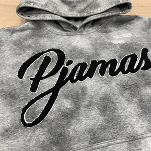 เสื้อฮู้ดดี้สีดำแบบกำหนดเอง ผ้าฟลีซ 360 แกรม ลุคฟอกสี ปักด้วยไหมเชนิลล์  สำหรับผู้ชาย สีขาว ประดับหมุดและคริสตัล - Product Image 3