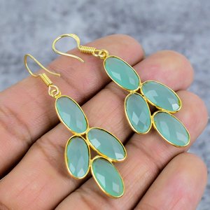 ต่างหูพลอยคาลซิโดนีสีน้ำ925เงินสเตอร์ลิงสีทองต่างหูอัญมณีทรงรีสำหรับผู้หญิงของขวัญแต่งงานต่างหูสำหรับเธอ - Product Image 4