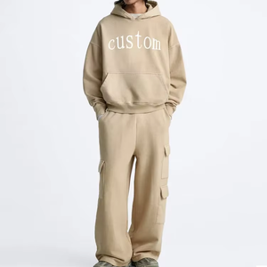 Sweat à capuche et pantalon en coton surdimensionné à poches latérales en coton épais et épaules tombantes Survêtements vierges en détresse pour hommes - Product Image 3