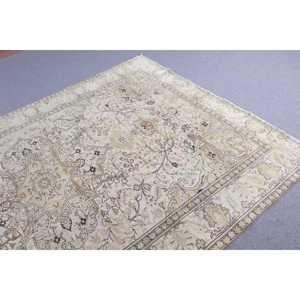 พรมขนาด 6.4x9.7 ฟุต, พรมวินเทจตุรกี, พรมขนสัตว์ลายดอกไม้สีขาวน้ำตาล - Product Image 4