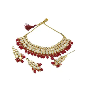 Ensemble de collier en perles ovales rouges Meenakari Kundan, bijoux fins classiques et tendance, plaqué or, pour mariage, fête, fiançailles, cadeau - Product Image 5
