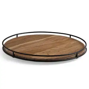 Enfatize a bandeja de madeira redonda do artesanato com revestimento natural com grade do metal na bandeja eco-amigável do serviço do bambu da beira