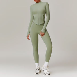 Femmes élégantes à manches longues Fitness Activewear fermeture éclair haut bout à bout pantalons de Yoga avec motif solide Gym Sportswear Leggings ensembles - Product Image 2