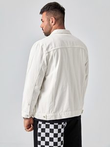 Veste en cuir à col montant en toile enduite de haute qualité, décontractée, à manches longues, grande taille, avec logo sur le devant, vintage, blanche pour homme - Product Image 3