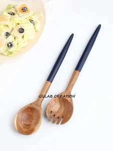 Ensemble d'outils à salade en bois d'acacia de haute qualité comprenant un serveur à salade à poignée en résine bleue - Product Image 3
