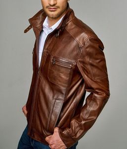 Vente en gros Veste en cuir de mouton pour homme marron de haute qualité, décontractée, professionnelle, col montant, fermeture à glissière, Service OEM, coupe-vent d'hiver - Product Image 2