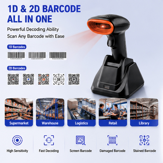 WCMI Professional CMOS Image Handheld 2D QR Code Reader Blue Tooth 2.4G Wireless and USB Barcode Scanner