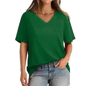 เสื้อยืดแขนสั้นคอวีระบายอากาศได้สำหรับผู้หญิงเสื้อยืดปักลายสีเขียวลำลองฤดูร้อน - Product Image 1