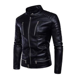 Chaqueta de motorista de cuero PU informal para hombre con bolsillos con cremallera y cuello levantado personalizable OEM Color negro para invierno - Product Image 5
