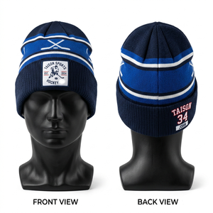 TAISON SPORTS Bonnet de hockey sur glace en laine douce premium 380 GSM unisexe réglable bleu marine bleu roi blanc avec étiquette tissée personnalisée - Product Image 1