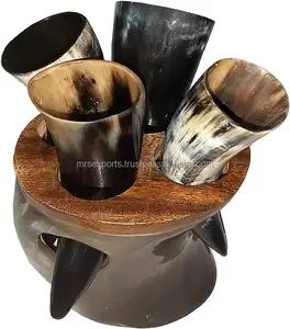 Top Indian Manufacturer & Supplier Of Natural Buffalo/Ox 4 Piece Viking Drinking Beer Horns Set With Horn Stand For Export agate