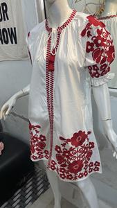 Vestidos Midi blancos informales elegantes para mujer, bordado rojo RMB 100% de algodón, cintura Natural, tejido lavable, longitud Maxi - Product Image 3