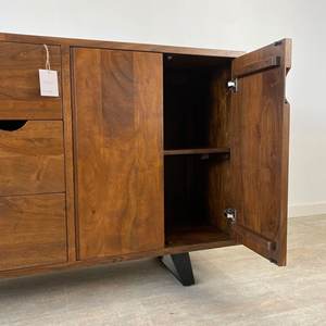 Handcrafted Solid Wood <b>Sideboard</b> in Brown Mango Wood Modern Ethnic Accent Cabinet <b>for</b> Living Room Dining <b>Kitchen</b> Storage - Product Image 2