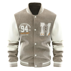 Modern Slim Fit Hombres Retro-Inspirado Varsity Jacket Color Block con cuello alto y cierre de botón a presión recubierto procesado - Product Image 1