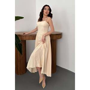 Vestido Largo Beige con Volantes y Copas en el Busto - Beige - Product Image 2